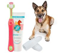 emmi-pet Set dentifricio e spazzolino per cani adulti - 4 pezzi, spazzolino 3D rosa, dentifricio 75 ml, 2 cuscinetti da dito - Cura dentale completa per tutte le razze, alito fresco e denti sani