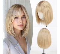 EMMOR Parrucca da donna con capelli umani da 30,5 cm, lunghezza alle spalle, con frangia e cuffia traspirante, dall'aspetto naturale, da indossare tutti i giorni (biondo chiaro sfumato)