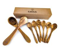 EMNA Set da 8 pezzi: 2 mestoli + 6 cucchiai in legno d'oliva in confezione regalo | zuppa | creatore | Natale, compleanno, festa della mamma | 5° anniversario di matrimonio | legno | donna | idea