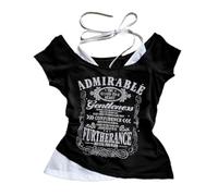 Emo Grunge Camicie Donna 2000s Grafica Baby Tees Falso Due Pezzi Manica Corta Vintage Y2k Crop Top Goth Alt Vestiti, Nero, Bianco, S