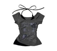 Emo Grunge Camicie Donna 2000s Grafica Baby Tees Manica Corta Vintage Y2k Crop Top Falso Due Pezzi Alt Vestiti, grigio scuro, S