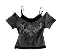 Emo Grunge Camicie Donna Grafica Baby Tees Falso Due Pezzi Manica Corta Vintage Y2k Crop Top Goth Alt Vestiti, Grigio e rosso., L