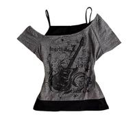 Emo Grunge Camicie Donna Grafica Baby Tees Falso Due Pezzi Manica Corta Vintage Y2k Crop Top Goth Alt Vestiti, Grigio nero, S