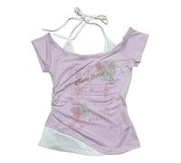 Emo Grunge Camicie Donna Grafica Baby Tees Y2k Crop Top Alt Vestiti Finti Due Pezzi Manica Corta Vintage T Shirt, Rosa, L