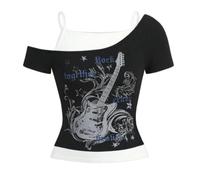 Emo Grunge T-Shirt Vintage Gothic Estetica Manica Corta Senza Spalline Crop Top Streetwear Punk Estate Harajuku Top Y2K Fake 2 Pezzi Chitarra Grafica Baby Tee, O nero., S