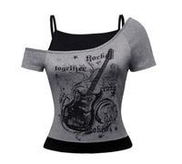 Emo Grunge T-Shirt - Vintage Y2K Fake 2 Pezzi Chitarra Grafica Bambino Tè Gotico Estetico Manica Corta Senza Spalline Crop Top Punk Harajuku Top Ragazza Streetwear, O grigio., M