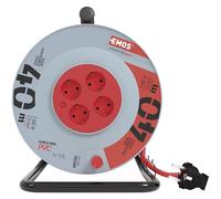 EMOS - Avvolgicavo 40 m con prolunga rinforzata - 4 prese Schuko - 230 V, 16 A, 3680 W - Isolamento in PVC - H05VV-F3G 2,5 mm2 - Protezione contro il surriscaldamento - IP20 per interni, grigio-rosso