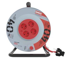 EMOS - Avvolgicavo 40 m con prolunga rinforzata - 4 prese Schuko - 230 V, 16 A, 3680 W - Isolamento in PVC - H05VV-F3G 2,5 mm2 - Protezione contro il surriscaldamento - IP20 per interni, grigio-rosso