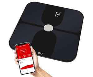 EMOS Bilancia-grasso corporeo intelligente BMI con vetro ITO, bilancia corpo per misurare e analizzare 14 dati del corpo, memoria per 8 utenti, app GoSmart, iOS/Android, Bluetooth, capacità di carico