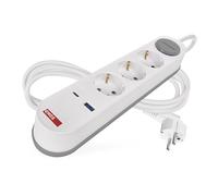 EMOS Ciabatta elettrica a 3 prese con ricarica rapida USB, cavo da 2 m, presa multipla con interruttore per interni, adatta per montaggio a parete, 3 prese, 1 USB C, 1 USB A, bianco