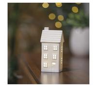 EMOS - Grattacielo in ceramica a LED con luce bianca calda, 1 batteria a bottone e timer - casa invernale a batteria, 1 CR2032 ricevuto nel prodotto - Timer per accensione automatica 6/18h - bianco