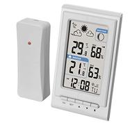 EMOS Mini stazione meteo radio con sensore esterno, misura la temperatura interna ed esterna, umidità, previsioni meteo, orologio radio con sveglia, bianco