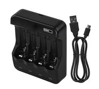 EMOS N9321 - Caricabatteria da 4 celle, 300 mA, NiMH, caricatore universale NiCd per 1-4 x AAA, AA, USB/Micro USB cavo 60 cm, indicatore LED, protezione batteria, funzioni di sicurezza, colore nero