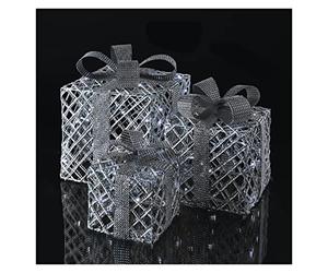 EMOS Regali di Natale a LED argentati, con nastro largo e fiocco decorativo, 3 pezzi, decorazione natalizia, bianco freddo, cavo da 3 m, alimentatore con timer, IP20 per interni
