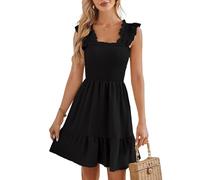 EMOTTOS Abito Elasticizzato con Volant da Donna, Abito da ospite Increspato da Cocktail Senza Schienale, Abito Corto Allentato Boho Mini Swing a Collo Quadrato Senza Maniche(Black-XL)