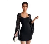 EMOTTOS Abito Mini da Donna con Scollo Quadrato in Rete, Maniche a Campana e Spacco, Abito Elegante Aderente in Pizzo per Serate Fuori, Cocktail Party, Nero, Taglie M