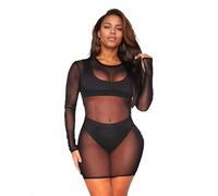 EMOTTOS Abito Mini Trasparente in Pizzo da Donna, Body Elasticizzato a Maniche Lunghe con Scollo Rotondo, Lingerie Aderente in Rete Trasparente per Serate Fuori, Club e Feste, Nero, Taglie L