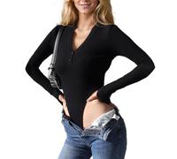 EMOTTOS Body Donna Maniche Lunghe Scollatura a V Bodysuit, Costine Sexy Elegante Aderente Shapewear Tops, Morbida Basic T-Shirt Casuale Elasticizzato Tuta Jumpsuits, Nero/Grigio, S-L