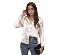 EMOTTOS Camicetta Sexy in Raso da Donna, Top Ampio con Bottoni e Scollo a V, Camicia Elegante a Maniche Lunghe da Indossare, Andare in Ufficio o per Il Tempo Libero, Beige, Taglie M