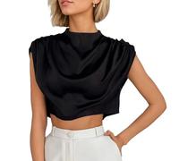 EMOTTOS Camicia da Donna, Raso a Pipistrello Maniche Manica Corta Collo Finto Crop Tops, Maglietta Senza Maniche Camicetta Elegante Casual in Raso a Pieghe per Donna, Nero, L