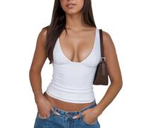 EMOTTOS Canotta Donna Scollo V Profondo Senza Schienale - Tessuto Elasticizzato Dimagrante, Canottiera Sexy Senza Maniche Taglio Basso, Top Cami Club Leggero Donna, Top Feste estive, Bianco, M