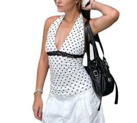 EMOTTOS Canotta Donna Y2K, Top plissettati Patchwork Pizzo Pois Canotte Sexy Senza Maniche Slim Fit Scollo all'Americana Tessuto Elasticizzato Ragazza Feste estive Festival, Bianco, Taglie M