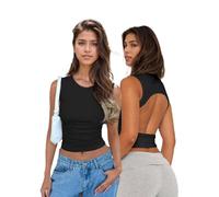 EMOTTOS Canotta Senza Maniche con Increspature, Canottiera Sexy Y2K Schiena Nuda con Top di Raccolto Fuori Spalla, Aderente Estiva Top con Collo Rotondo Maglietta Clubwear, Nero, L