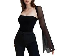 EMOTTOS Canotta Senza Spalline e Coprispalle 2 Pezzi, Y2K Aperto Davanti Top Coprispalle a Rete da Donna Scialle, Moda Club Party Bustier Monospalla Sexy Design a Rete Trasparente, Nero, L
