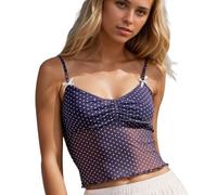 EMOTTOS Canottiere a Rete da Donna a Pois, Maglia Sexy a Spaghetti Regolabile con Nodo a Fiocco, Increspato Top con Senza Maniche, Y2K Slim Fit Trasparente Tops in Pizzo for Estivi Clubwear, Blu, S