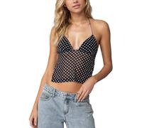 EMOTTOS Canottiere a Rete da Donna a Pois, Sexy Maglia a Spaghetti Regolabile, Canottiera Senza Maniche, Trasparente Top Schiena Nuda in Pizzo con Collo a V per Estivi Clubwear, Nero, L