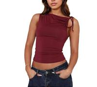 EMOTTOS Canottiere Asimmetriche da Donna, Canotta Increspata Senza Maniche con Cinturino Regolabile, Slim Fit Fuori Spalla Maglia Moda Estivo Clubwear, Rosso, M