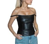 EMOTTOS Canottiere Donna in Pelle con Spalline, Sexy Top in PU con Taglio Basso Senza Maniche Canotta, Top Slim Fit Y2K con Cinturino Elasticizzato Magliette per Donne, Nero, M
