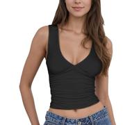EMOTTOS Canottiere Donna Y2K con Scollo a V, Camicia Sexy Slim Fit Increspata, Crop Top Senza Maniche Moda Skinny Party Abbigliamento Estivo per Donna, Nero, L