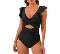 EMOTTOS Costume da Bagno Intero da Donna, Sexy Costume da Bagno Increspato con Scollo a V e Reggiseno, Costume da Bagno Intero Traforato ad Alta Elasticità con Increspature sulla Pancia(07-S)