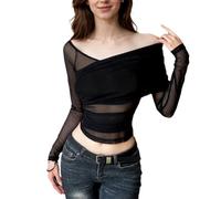 EMOTTOS Crop Top a Rete Avvolgente da Donna, Maglie Velati da Donna Y2K Slim Fit con Scollo a V, Camicia Aderente alla Pelle per Feste di Club Sexy Design in Pizzo Trasparente per Donna, Nero, M