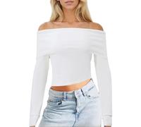 EMOTTOS Crop Tops in Maglia da Donna, Maglietta Costine Manica Lunga Donna con Monospalla Top, Moda per Uscire dal Club Party Strickpullover Maglia, Bianco, L