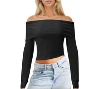 EMOTTOS Crop Tops in Maglia da Donna, Maglietta Costine Manica Lunga Donna con Monospalla Top, Moda per Uscire dal Club Party Strickpullover Maglia, Nero, M