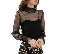 EMOTTOS Crop Tops in Pizzo da Donna, Maglia a Rete Trasparente Y2K a Pois con Increspatura a Mezza Altezza, Maglietta per Donna Escono dal Club e Fanno Festa, Nero, M