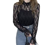 EMOTTOS Crop Tops in Pizzo da Donna, Maglia a Rete Trasparente Y2K Floreale con Increspatura a Mezza Altezza, Maglietta per Donna Escono dal Club e Fanno Festa, Nero, M