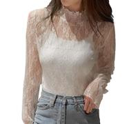 EMOTTOS Crop Tops in Pizzo da Donna, Maglia a Rete Trasparente Y2K Floreale con Increspatura a Mezza Altezza, Maglietta per Donna Escono dal Club e Fanno Festa, Bianco, L