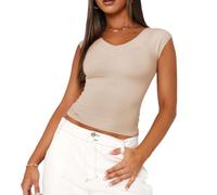 EMOTTOS Crop Tops T Shirt Donna, Cropped Top Corto Y2K Collo a V Manica Corta, Maglia Scollata Basic Crop Top Aderente Slim Fit Sexy Estate, Albicocca M