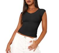 EMOTTOS Crop Tops T Shirt Donna, Cropped Top Corto Y2K Collo a V Manica Corta, Maglia Scollata Basic Crop Top Aderente Slim Fit Sexy Estate, Nero S