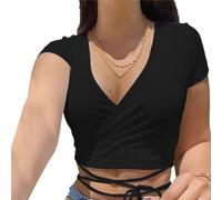 EMOTTOS Crop Tops T Shirt Donna, Top Corto Y2K Collo a V Manica Corta, Cravatta Anteriore Maglia Scollata Basic Crop Top Aderente Slim Fit Sexy Estate, Nero S