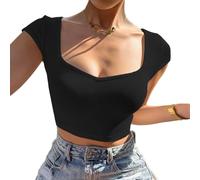 EMOTTOS Crop Tops T Shirt Donna, Top Corto Y2K Collo a V Manica Corta, Senza Schiena Maglia Scollata Basic Crop Top Aderente Slim Fit Sexy Estate, Nero S