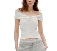 EMOTTOS Crop Tops T Shirt Donna, Top Corto Y2K Fuori Spalla Collo a V Manica Corta, Maglia Scollata Basic Crop Top Tinta Unita Aderente Slim Fit Sexy Estate, Bianco S