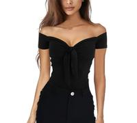EMOTTOS Crop Tops T Shirt Donna, Top Corto Y2K Fuori Spalla Collo a V Manica Corta, Maglia Scollata Basic Crop Top Aderente Slim Fit Sexy Primavera Estate Autunno, Nero L