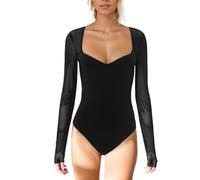 EMOTTOS Donna Body Patchwork a Rete Trasparente, Sexy Pizzo Bodysuit Senza Schienale con Scollo a Cuore, Leotard Top a V con Maniche a Rete, Body con Chiusura a Scatto per Donne, Nero, L