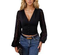EMOTTOS Donna Camicia Top, Maglietta Maniche Lunghe Elegante Crop Top con Scollo a V e Manica a Lanterna Traslucida in Chiffon Y2K, Camicetta con Bottoni Decorativi, Nero, M
