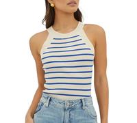 EMOTTOS Donna Canotta Tank Top, Canottiera Top a Righe Collo a Cavezza Estiva Senza Maniche, Camicette Tops Crop Top Casual Elegante Sexy vestibilità Slim, Blu S