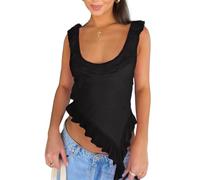EMOTTOS Donna Canotta Tank Top, Canottiera Top Collo a U Estiva Senza Maniche con Bordo a Volant, Collo Rotondo Camicette Tops Crop Top Casual Elegante Sexy Tinta Unita vestibilità Slim, Nero S